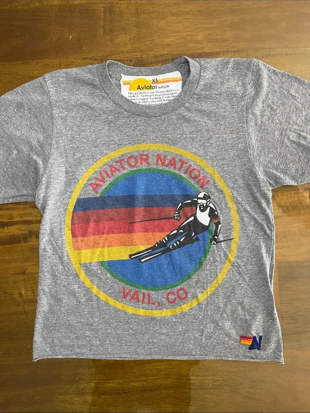 Aviator Nation Kids White Tee with Blue Logo & Rainbow Stripes